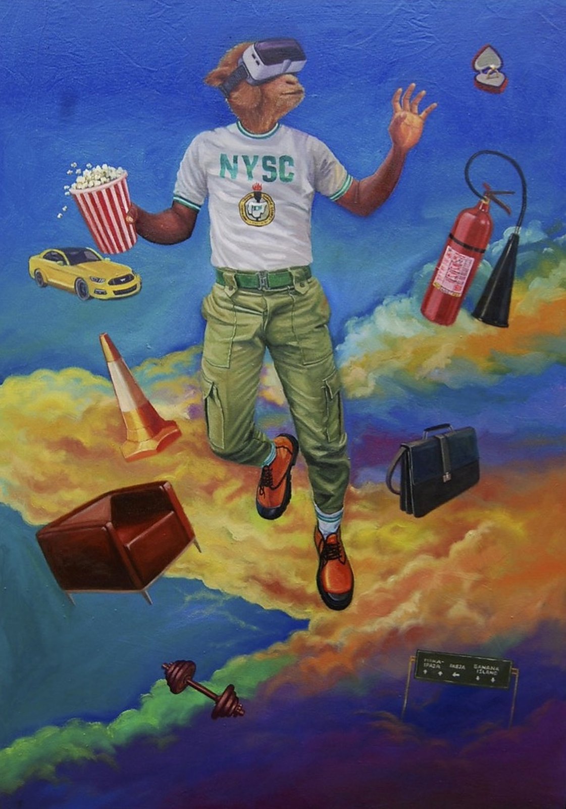 Virtual Reality by Julius Agbaje, 2018: a figure in a National Youth Service Corps shirt and a virtual-reality headset floats over bright clouds, surrounded by a briefcase, a ring box, a yellow car and a fire extinguisher.